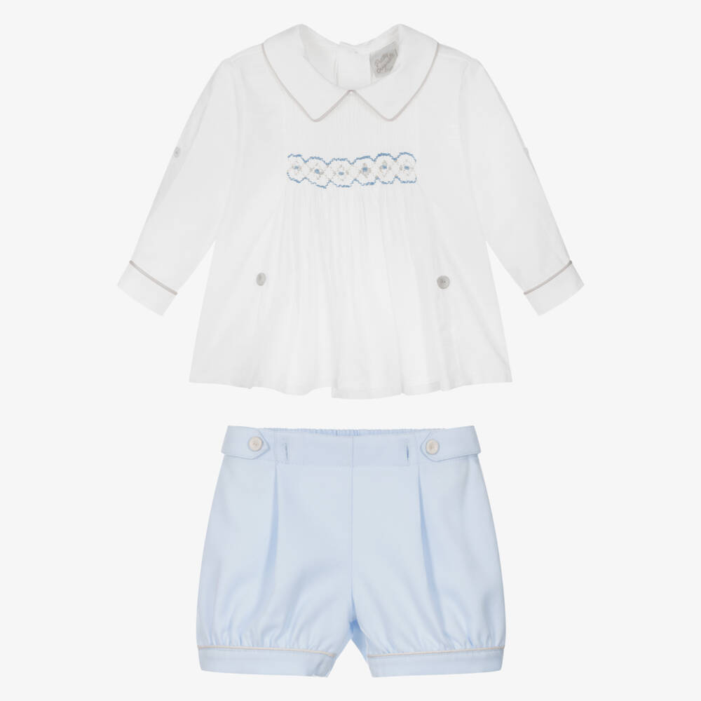 Pretty Originals-Boys Ivory & Blue Buster Suit & Cap Set | Childrensalon Outlet