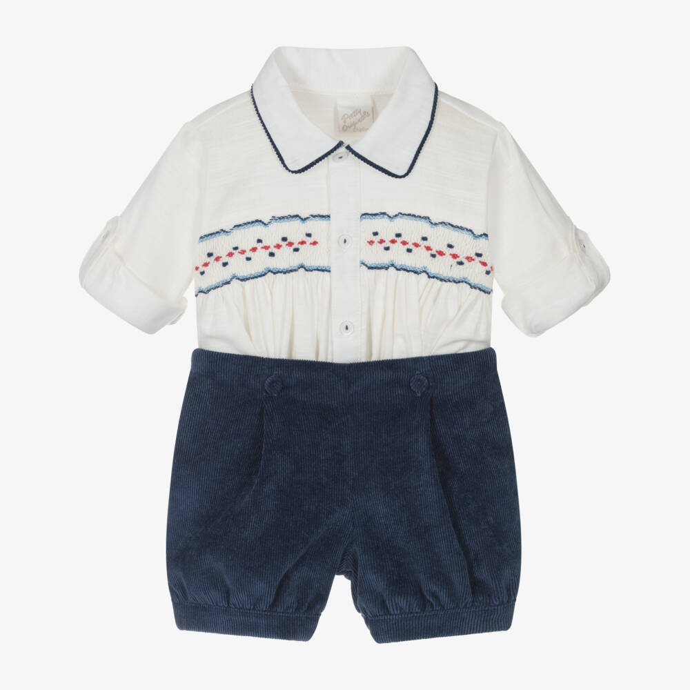 Pretty Originals-Boys Ivory Cotton & Blue Corduroy Buster Suit | Childrensalon Outlet