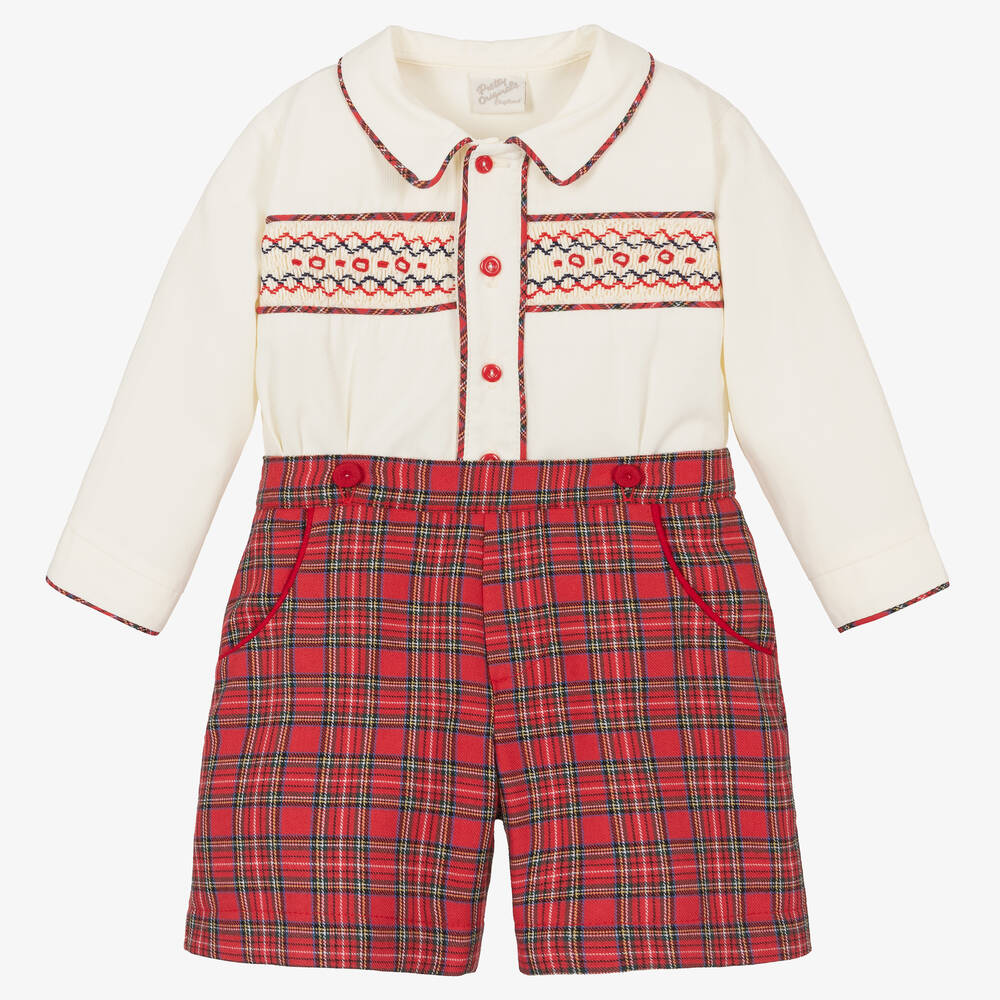 Pretty Originals-Boys Ivory & Red Tartan Buster Suit | Childrensalon Outlet