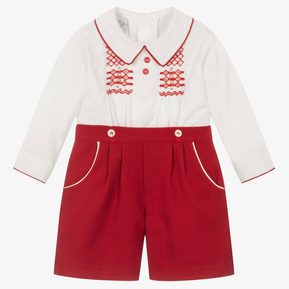 Pretty Originals - Boys Red & Ivory Smocked Buster Suit | Childrensalon
