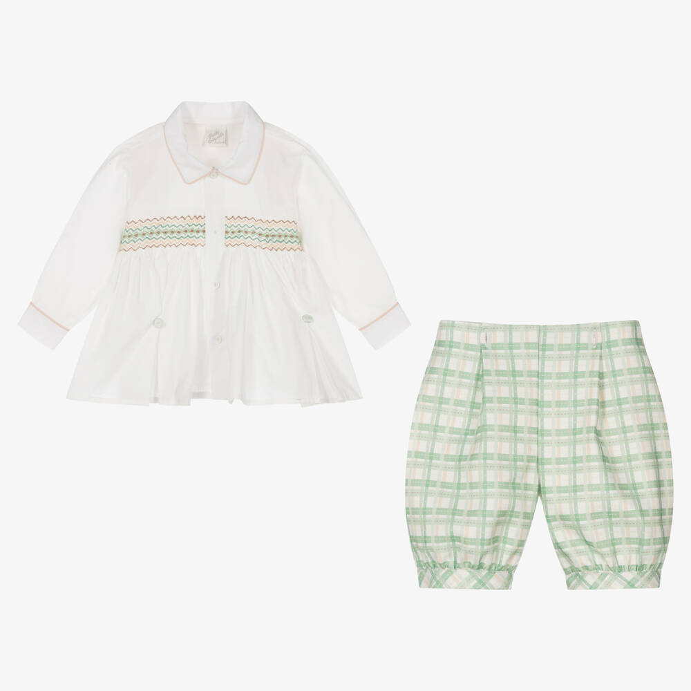 Pretty Originals-Кремово-зеленый костюм-бастер из хлопка в клетку со сборками | Childrensalon Outlet
