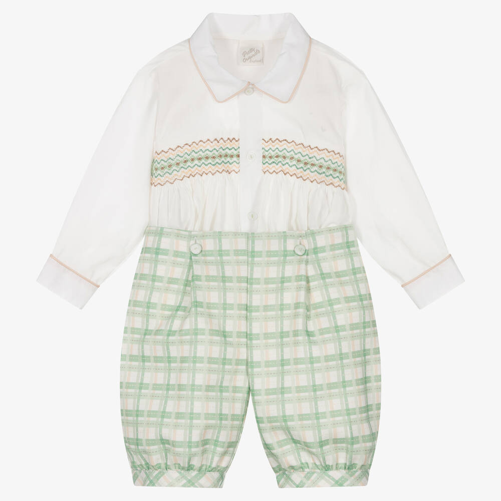 Pretty Originals - Boys Smocked Green Check Cotton Buster Suit | Childrensalon