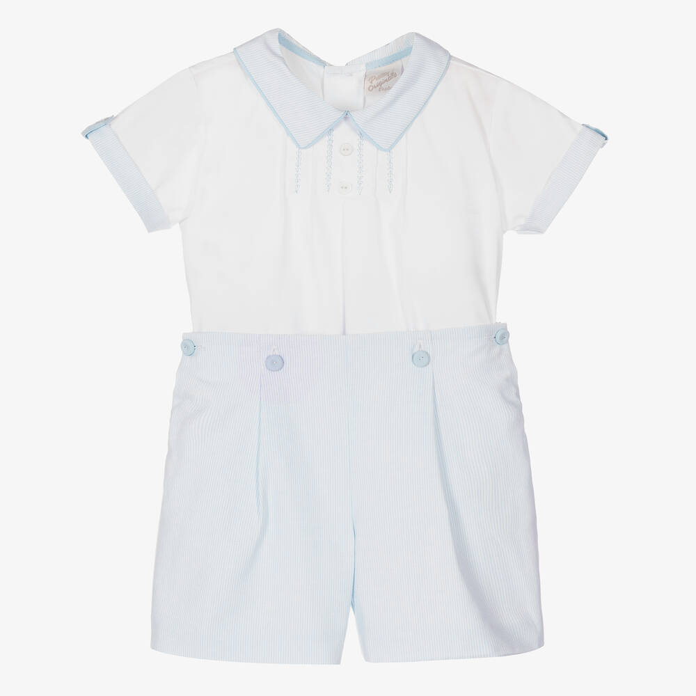 Pretty Originals - Boys White & Blue Cotton Buster Suit | Childrensalon