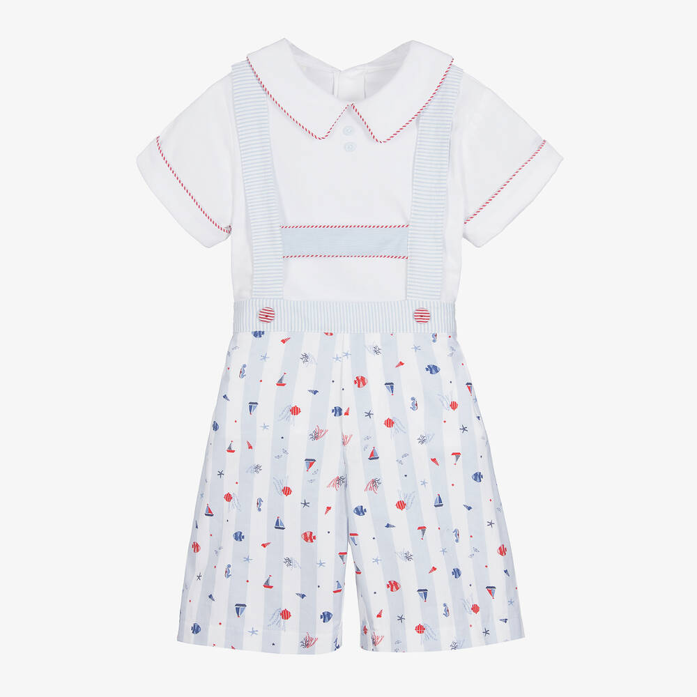 Pretty Originals-Boys White & Blue Cotton Shorts Set | Childrensalon Outlet
