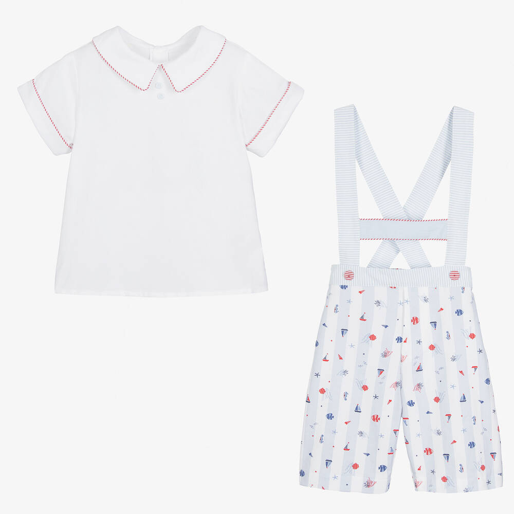 Pretty Originals-Boys White & Blue Cotton Shorts Set | Childrensalon Outlet