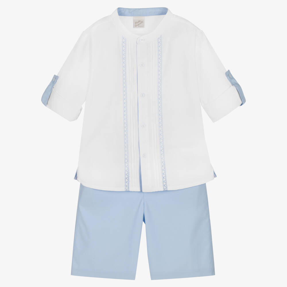 Pretty Originals - Boys White & Blue Cotton Shorts Set | Childrensalon