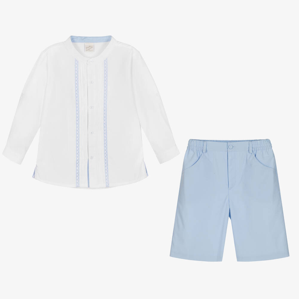 بريتي أوريجينال-طقم شورت مزيج قطن بوبلين لون أبيض وأزرق | Childrensalon Outlet