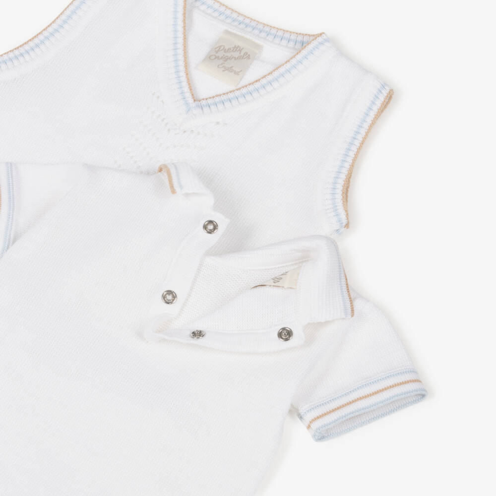 Pretty Originals-Boys White & Blue Cotton Top, Slipover & Shorts Set | Childrensalon Outlet
