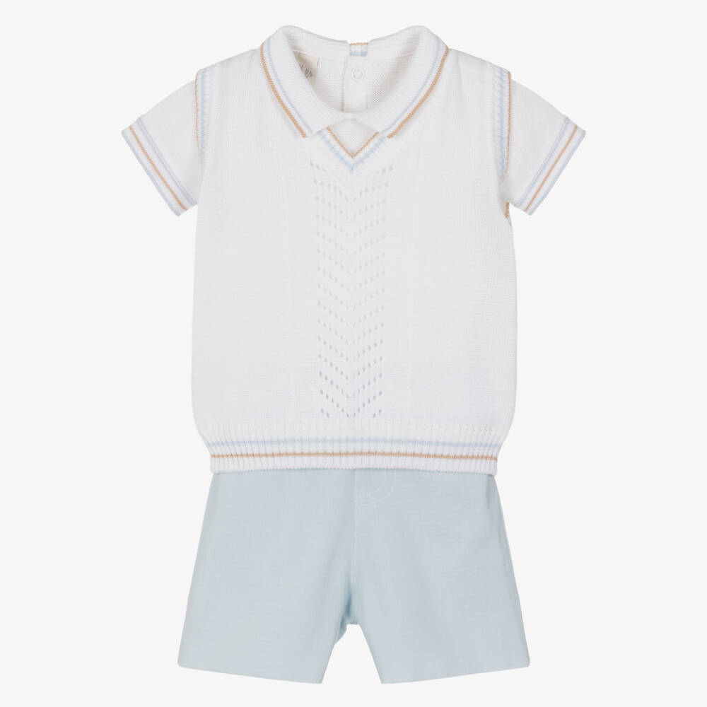 Pretty Originals-Boys White & Blue Cotton Top, Slipover & Shorts Set | Childrensalon Outlet