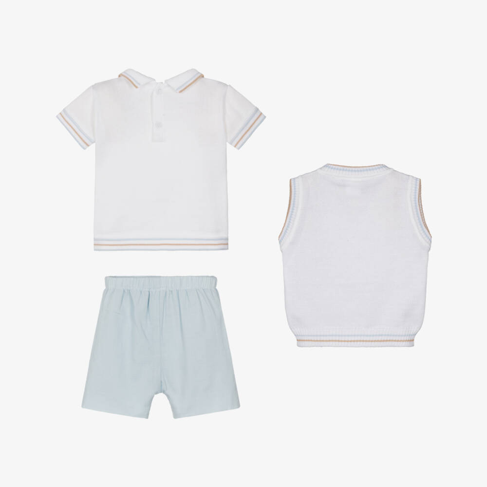Pretty Originals-Boys White & Blue Cotton Top, Slipover & Shorts Set | Childrensalon Outlet