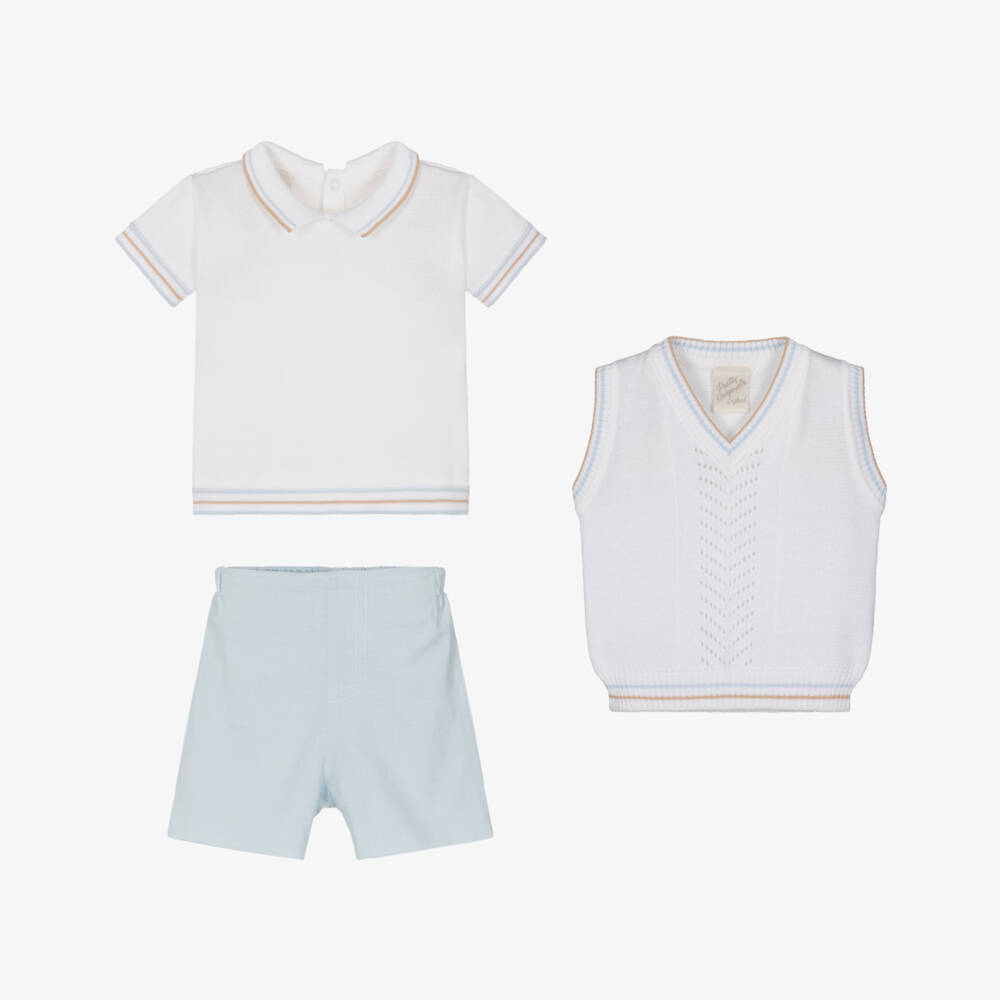 Pretty Originals-Boys White & Blue Cotton Top, Slipover & Shorts Set | Childrensalon Outlet
