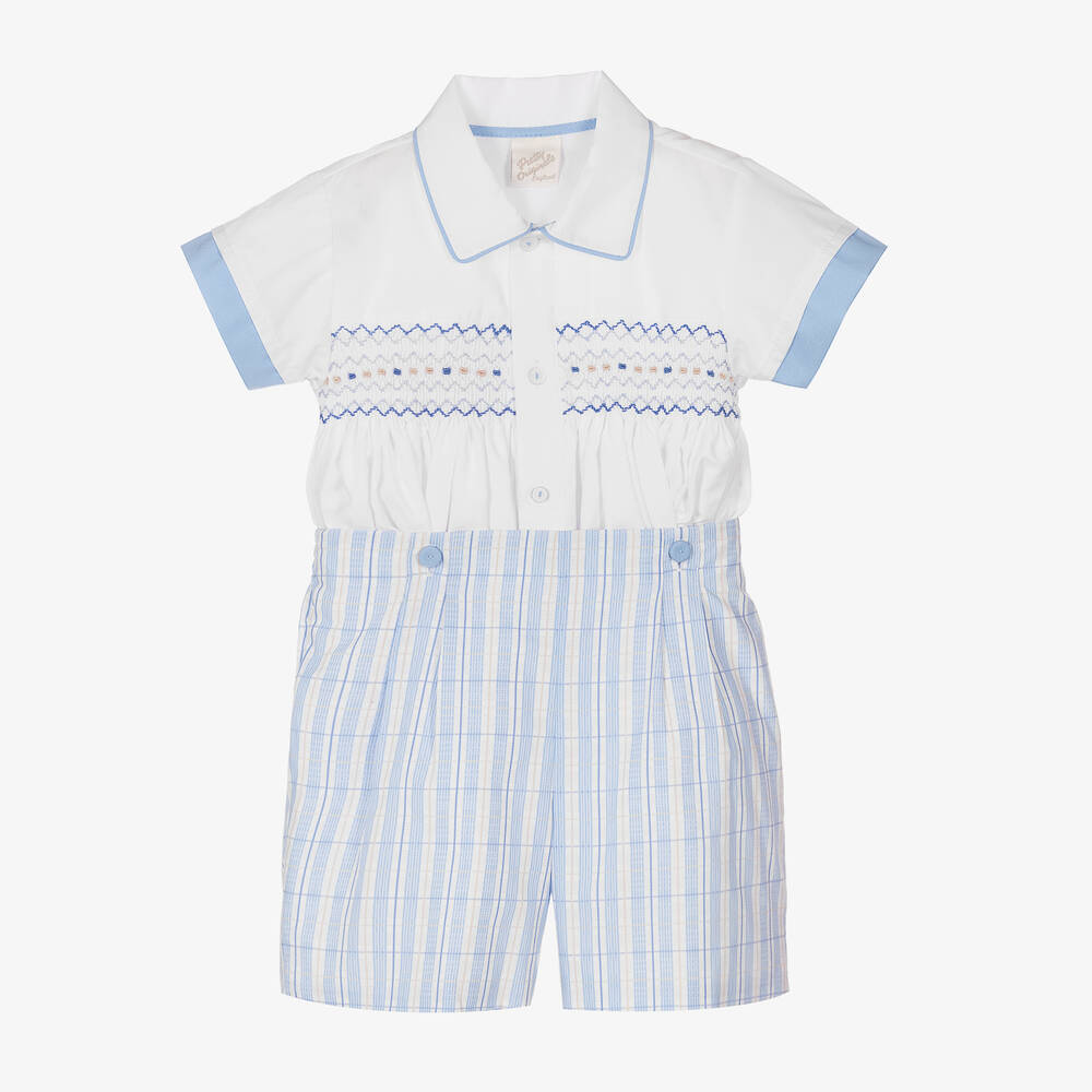 Pretty Originals - Boys White & Blue Smocked Buster Suit | Childrensalon