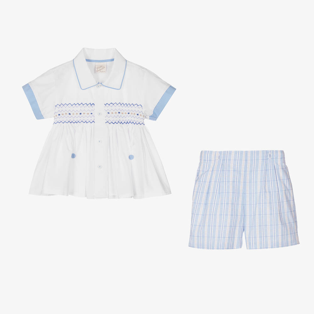 بريتي أوريجينال-بِدلة رسمية مطرزة سموكينغ مزيج قطن لون أبيض وأزرق | Childrensalon Outlet