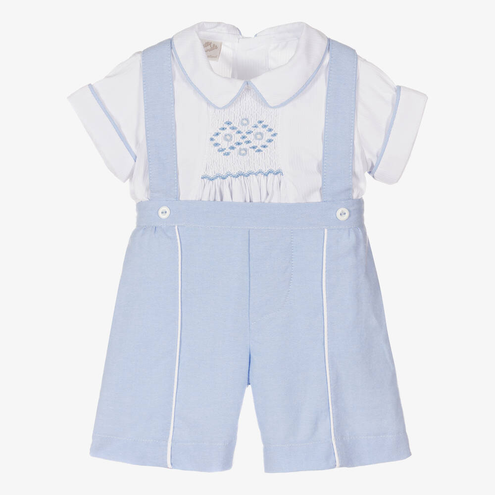 Pretty Originals - Boys White & Blue Smocked Shorts Set | Childrensalon