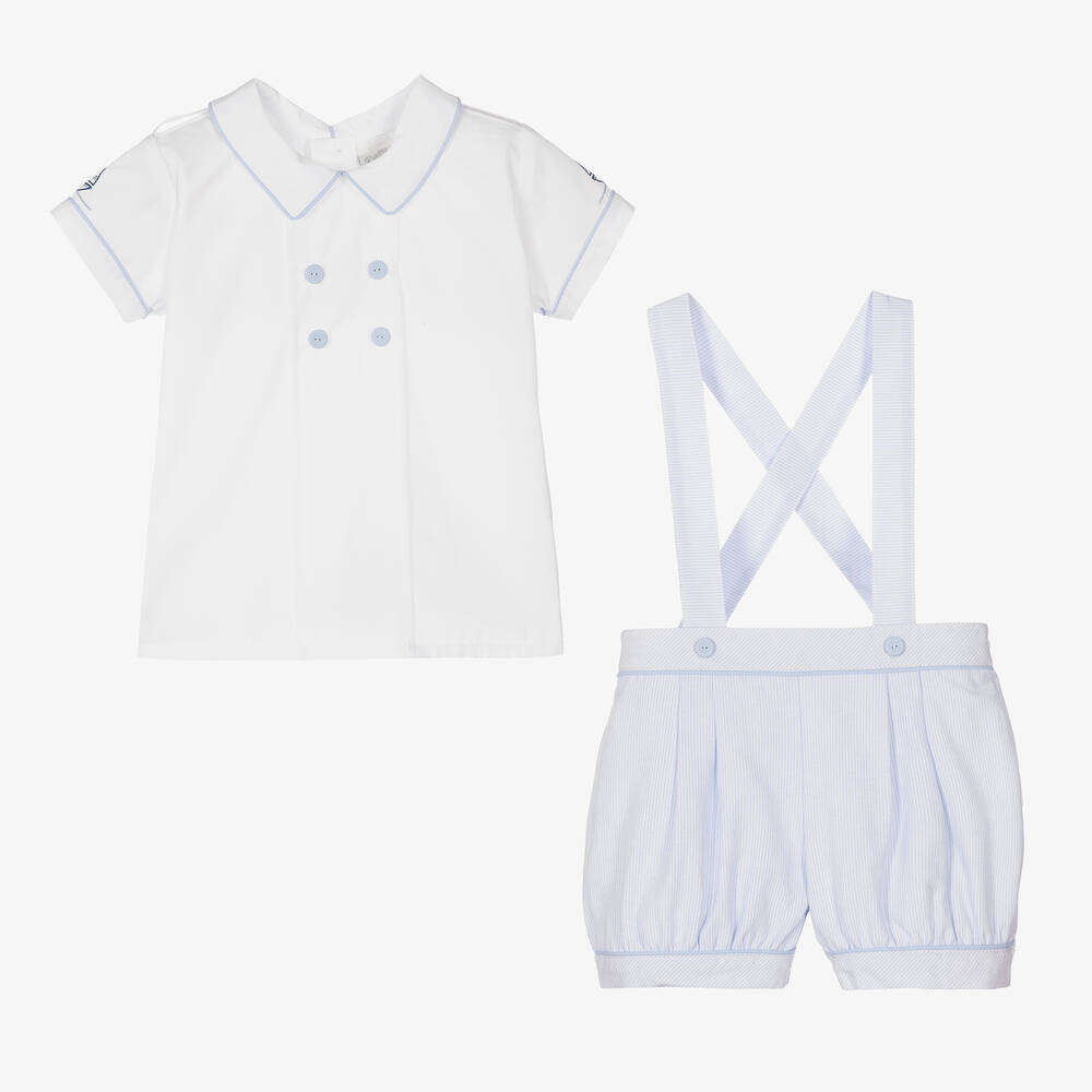 Pretty Originals-طقم شورت أطفال ولادي مزيج قطن مقلم لون أبيض وأزرق | Childrensalon Outlet