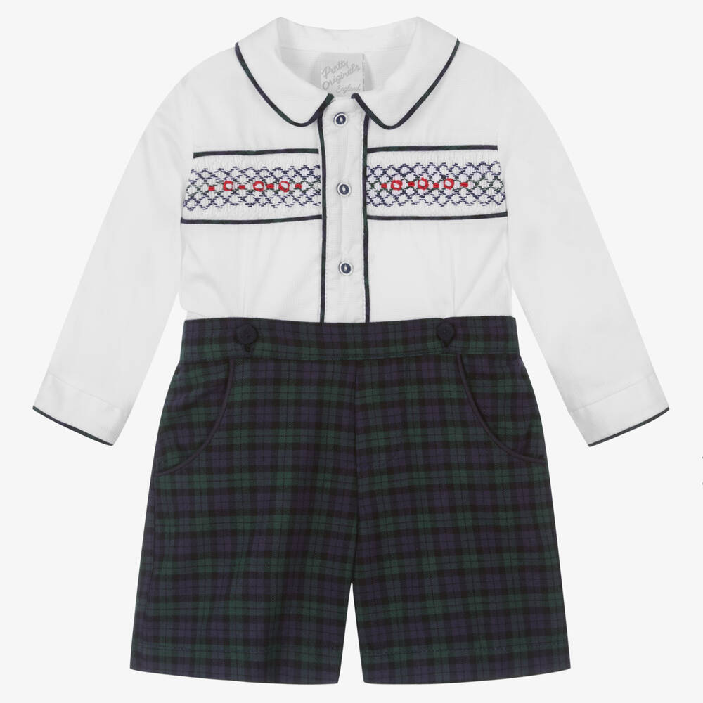 Pretty Originals-Boys White & Green Tartan Buster Suit | Childrensalon Outlet