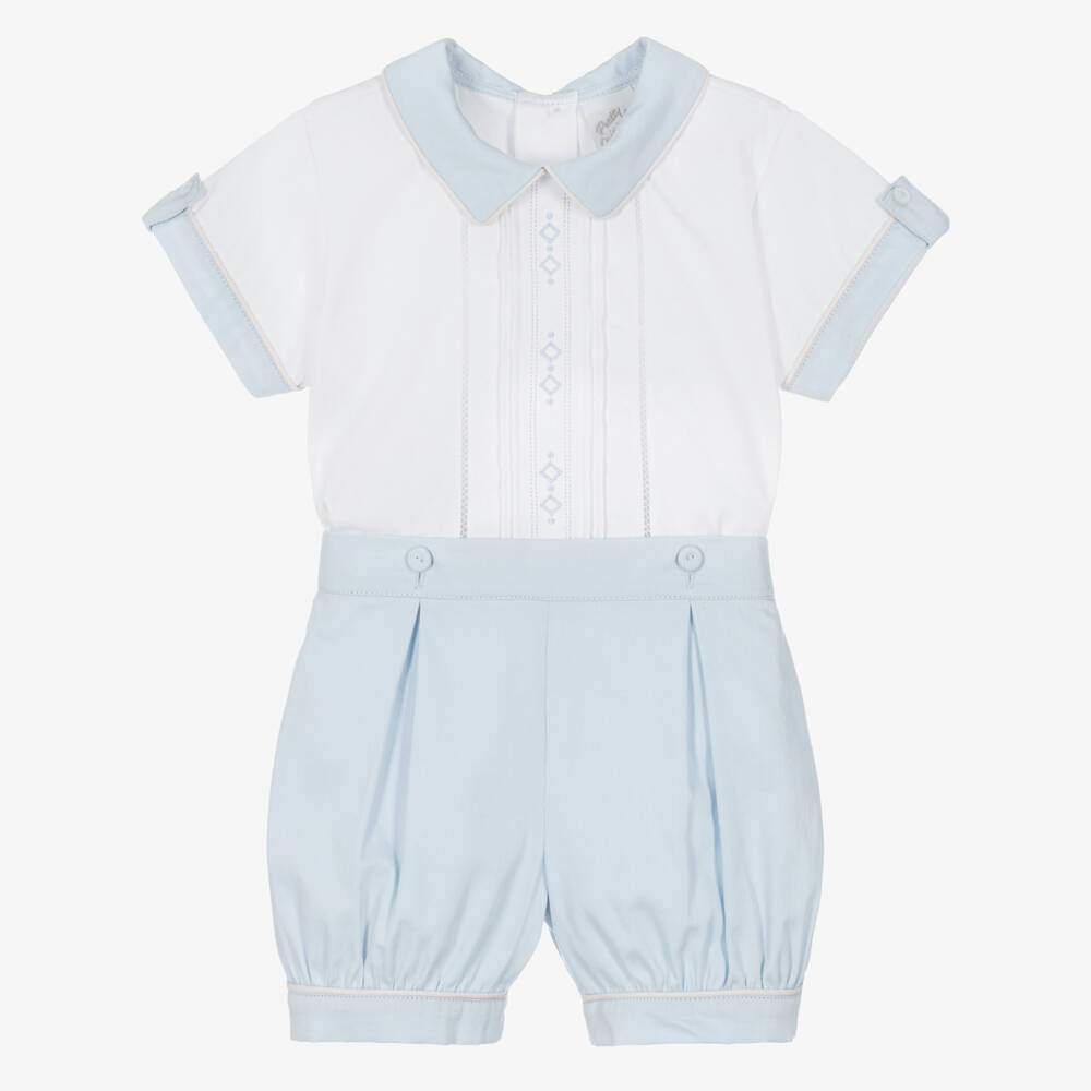 Pretty Originals-Boys White & Pale Blue Embroidered Cotton Suit | Childrensalon Outlet