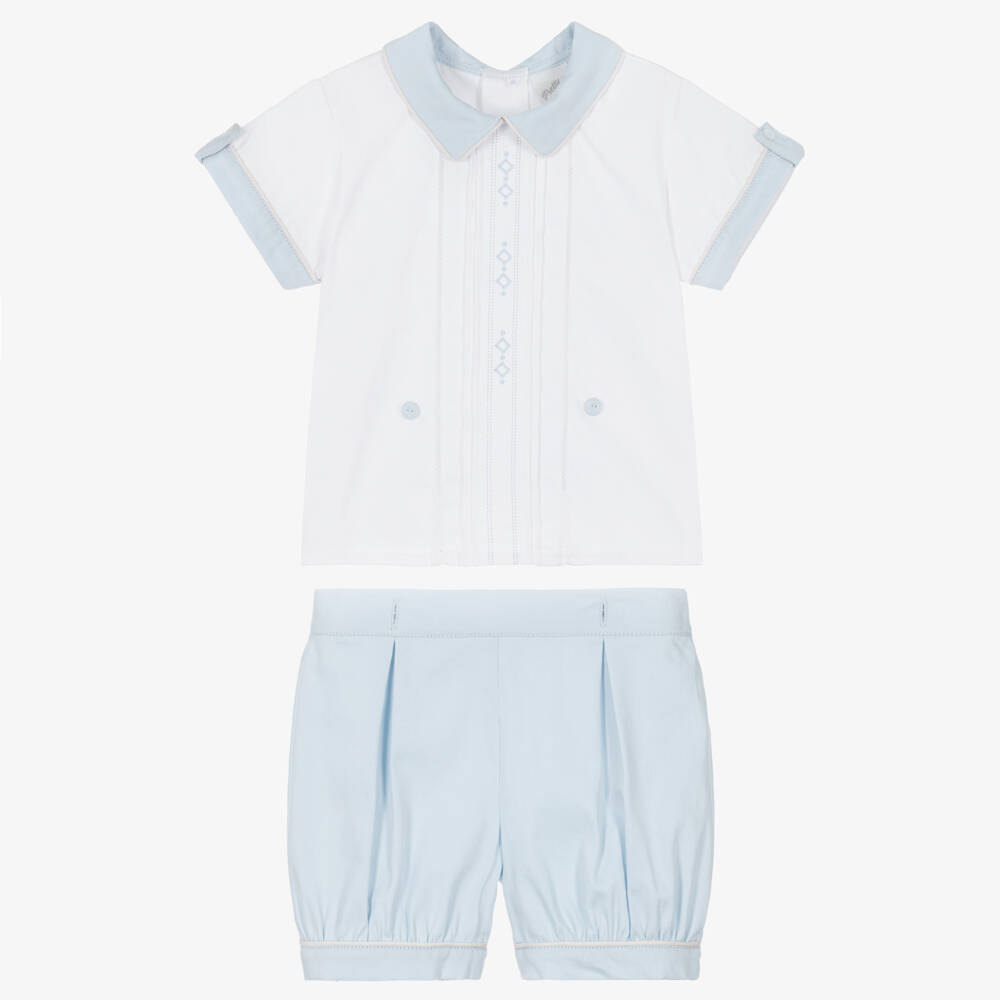 Pretty Originals-Boys White & Pale Blue Embroidered Cotton Suit | Childrensalon Outlet