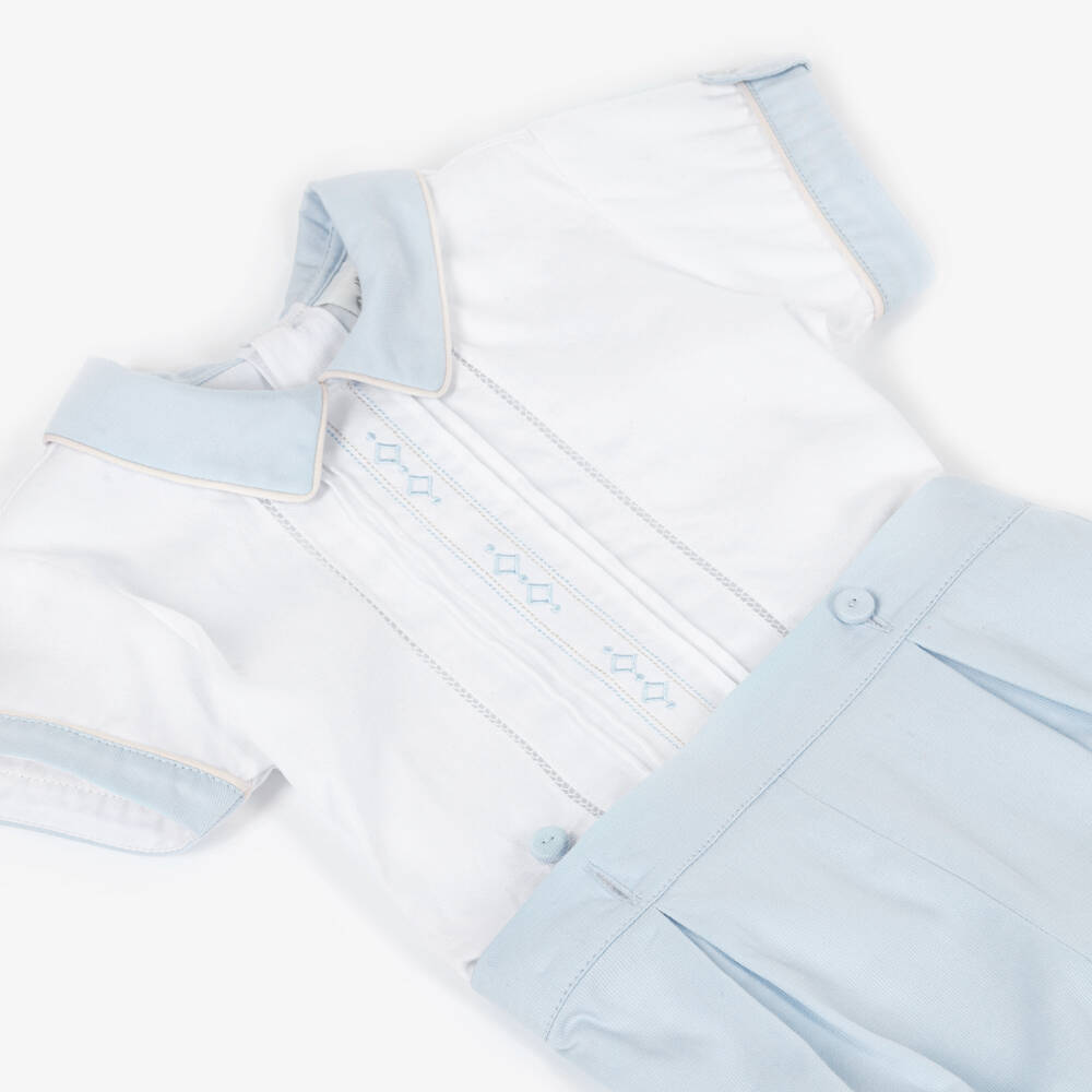 Pretty Originals-Boys White & Pale Blue Embroidered Cotton Suit | Childrensalon Outlet