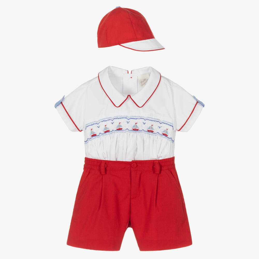 Pretty Originals - Boys White & Red Buster Suit Set | Childrensalon