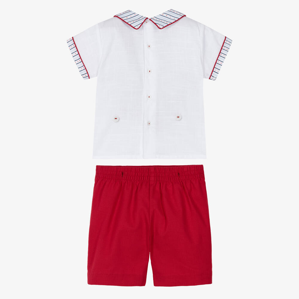 Pretty Originals-Boys White & Red Hand-Smocked Cotton Suit | Childrensalon Outlet
