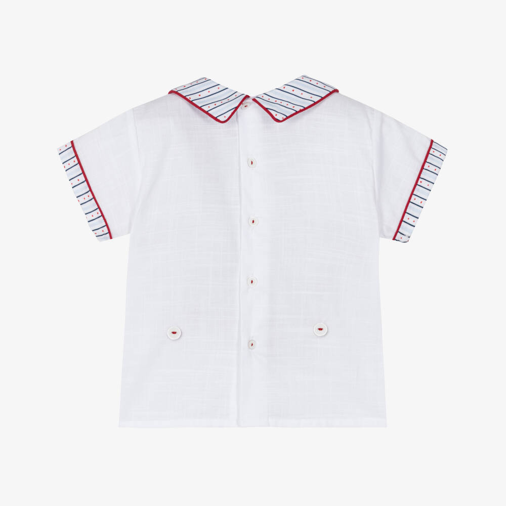 Pretty Originals-Boys White & Red Hand-Smocked Cotton Suit | Childrensalon Outlet