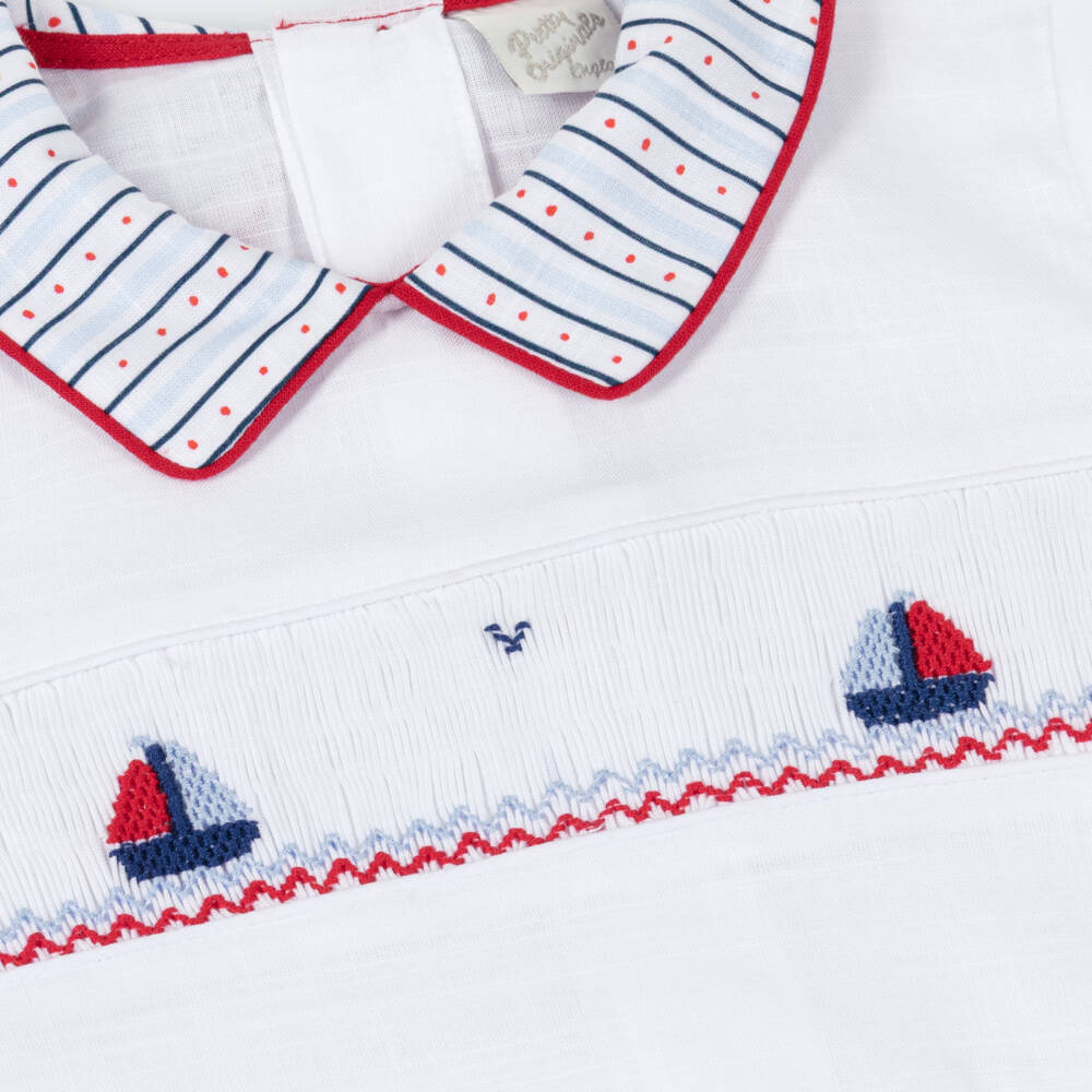 Pretty Originals-Boys White & Red Hand-Smocked Cotton Suit | Childrensalon Outlet