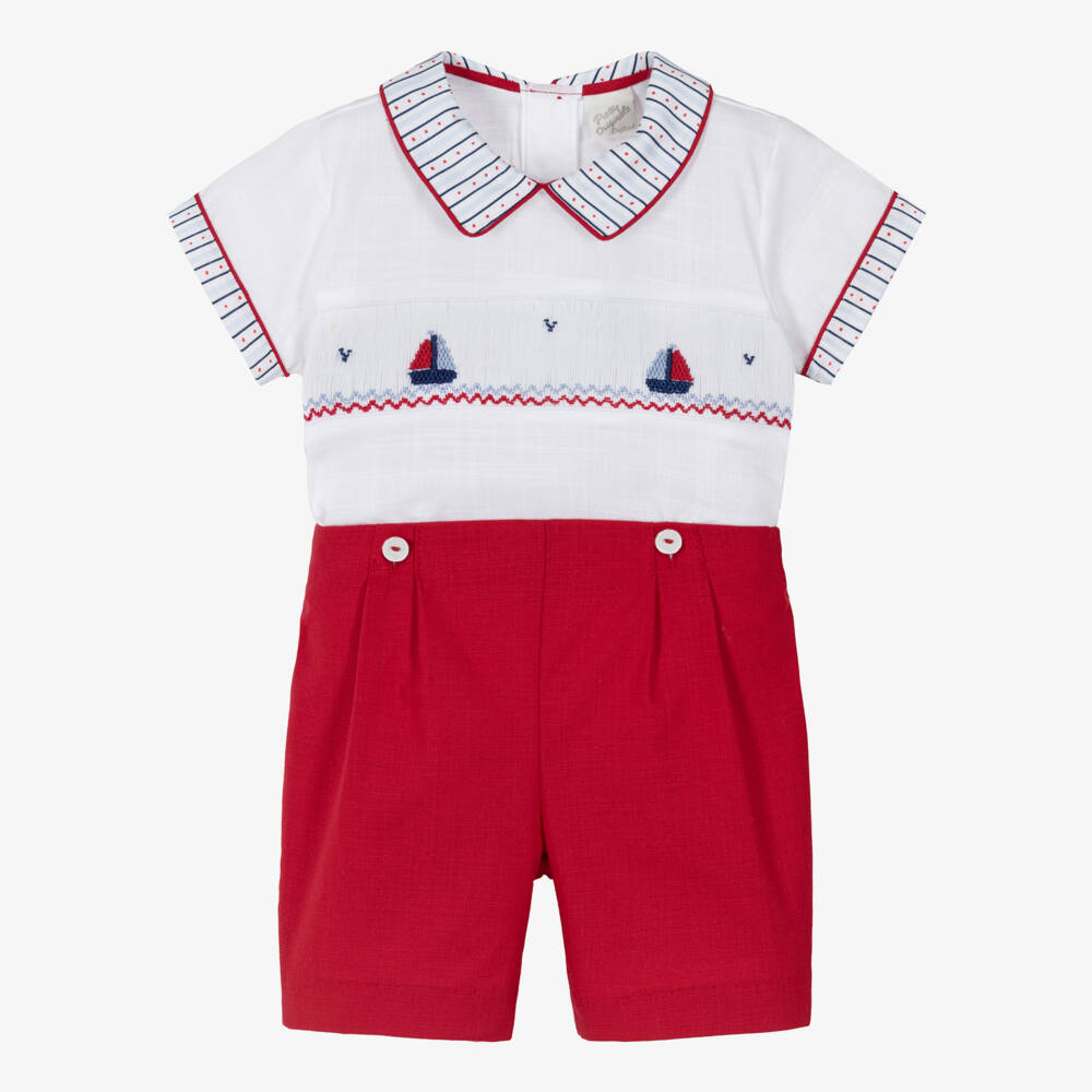 Pretty Originals-Boys White & Red Hand-Smocked Cotton Suit | Childrensalon Outlet
