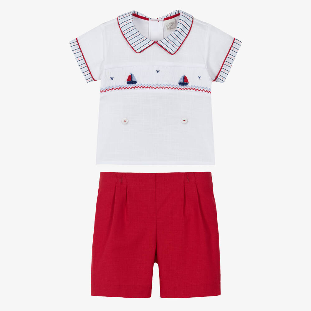 Pretty Originals-Boys White & Red Hand-Smocked Cotton Suit | Childrensalon Outlet