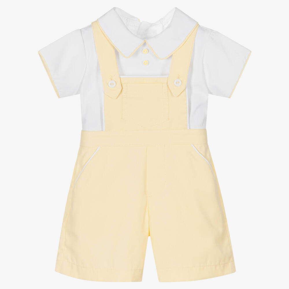 Pretty Originals - Boys White & Yellow Cotton Dungarees Set | Childrensalon