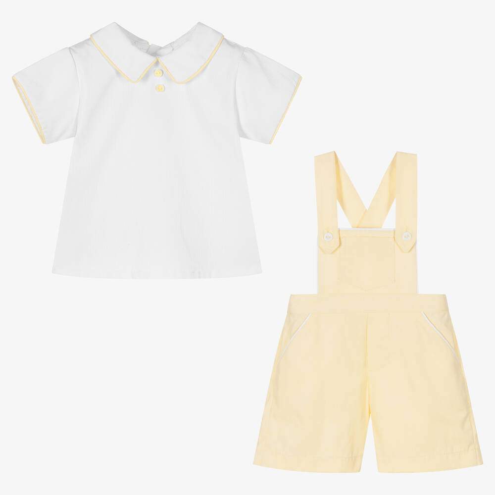 Pretty Originals-Boys White & Yellow Cotton Dungarees Set | Childrensalon Outlet