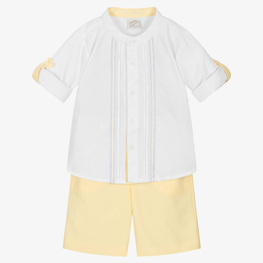 Pretty Originals - Boys White & Yellow Cotton Shorts Set | Childrensalon