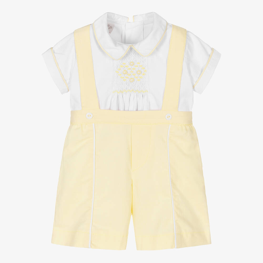 Pretty Originals - Boys White & Yellow Smocked Shorts Set | Childrensalon