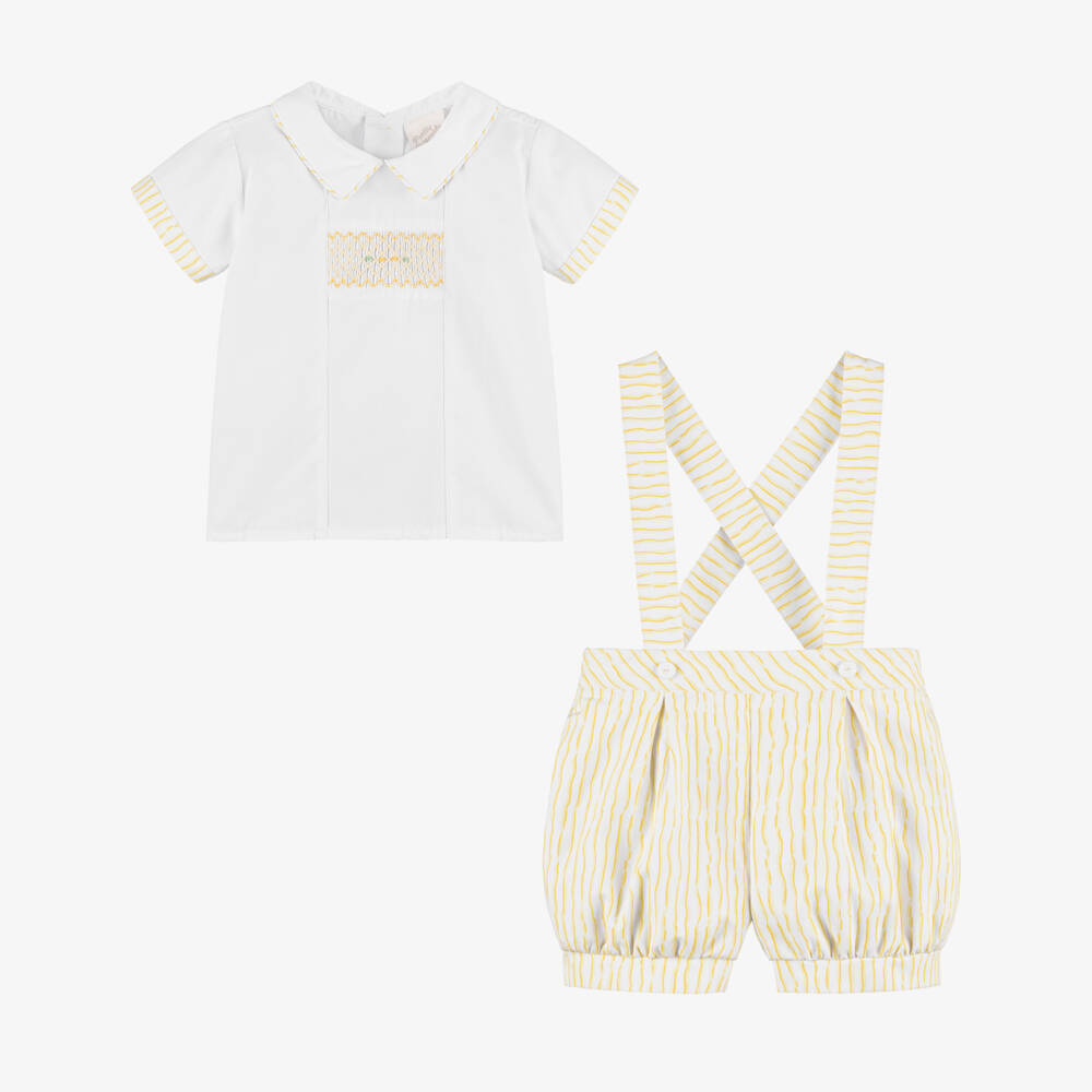 Pretty Originals-Boys White & Yellow Striped Shorts Set | Childrensalon Outlet