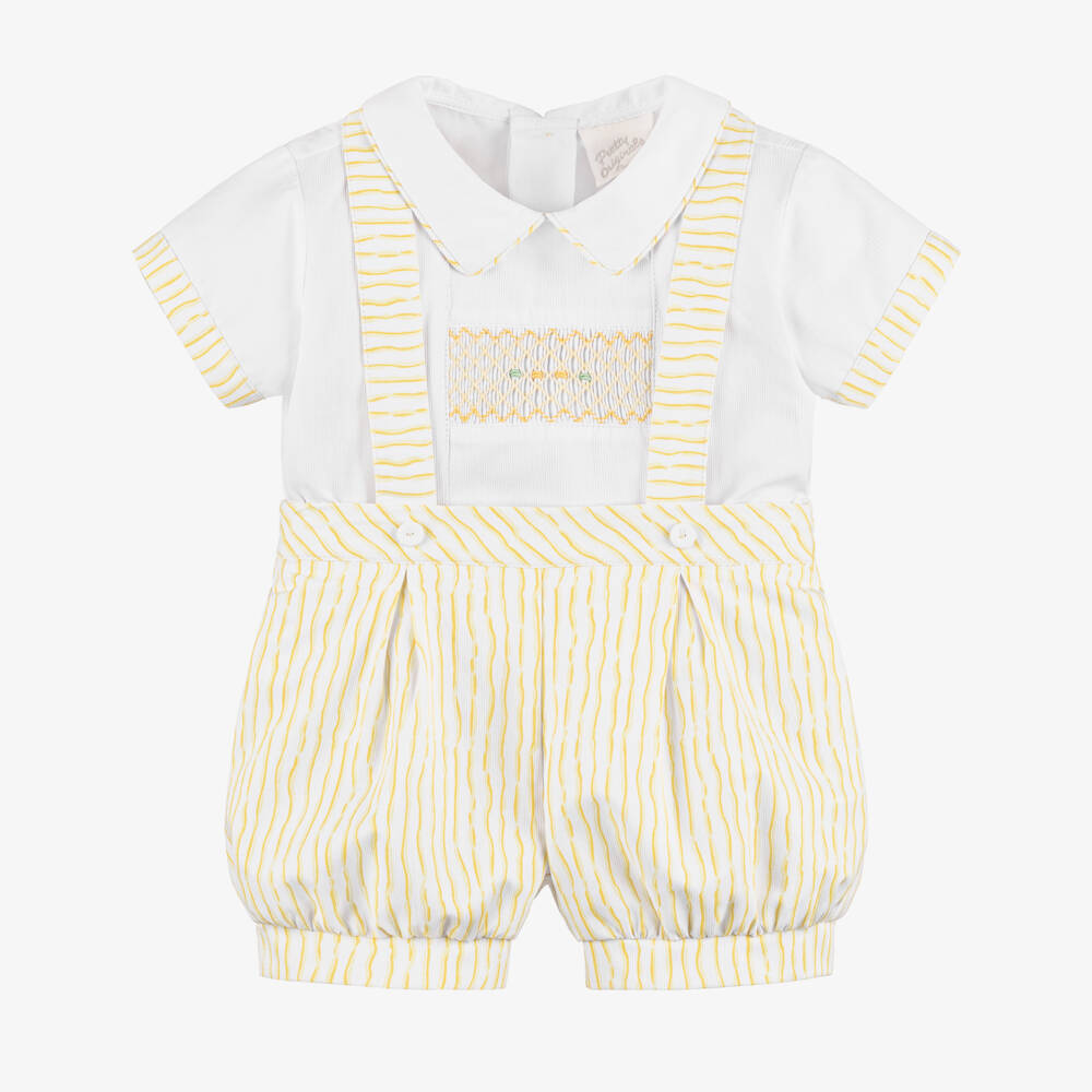 Pretty Originals-Boys White & Yellow Striped Shorts Set | Childrensalon Outlet