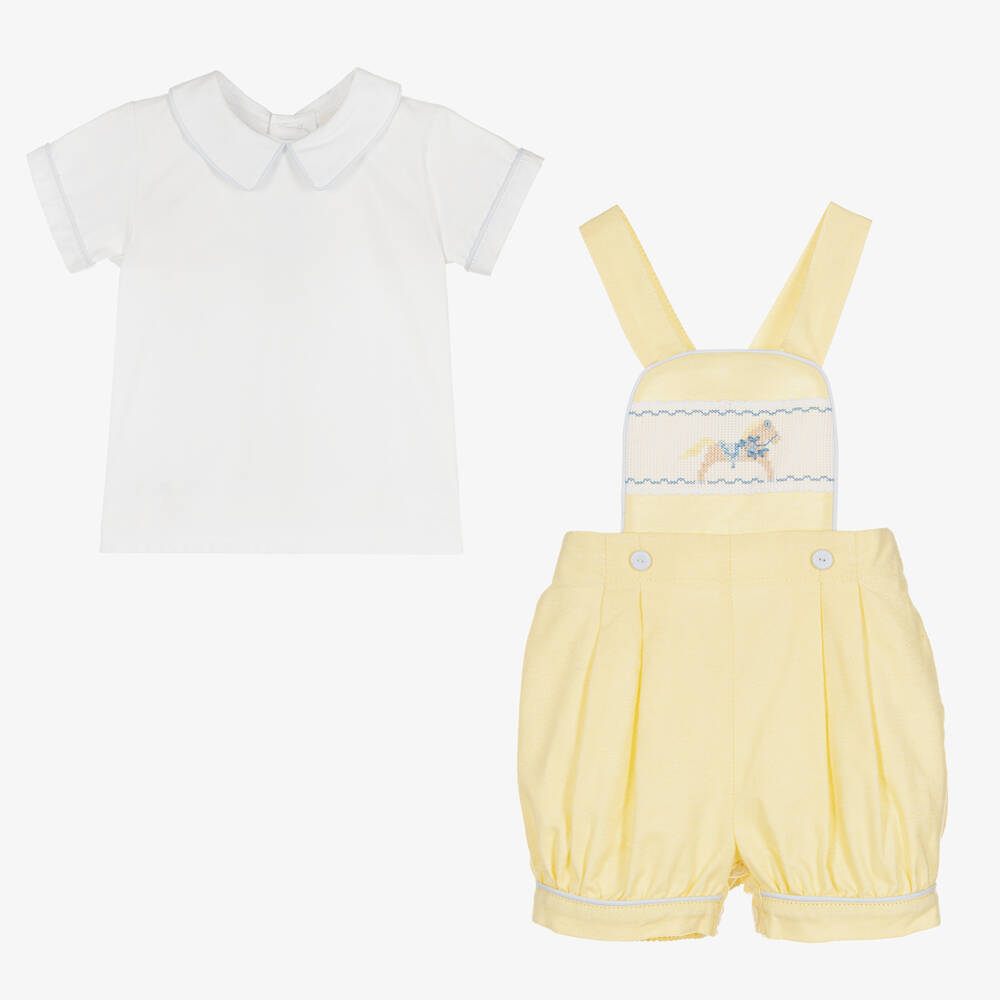 Pretty Originals-Boys Yellow Rocking Horse Dungarees Set | Childrensalon Outlet