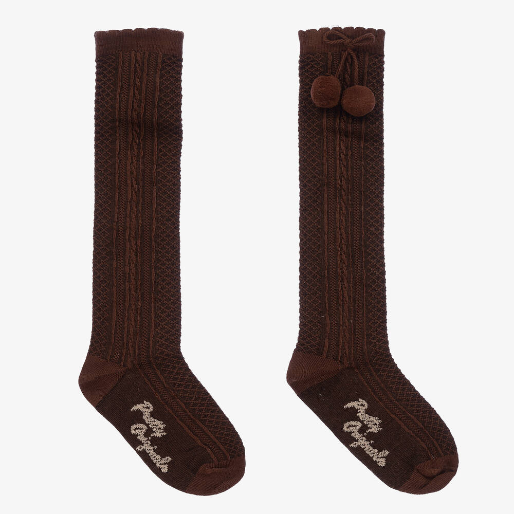 Pretty Originals - Brown Cotton Pom-Pom Socks | Childrensalon