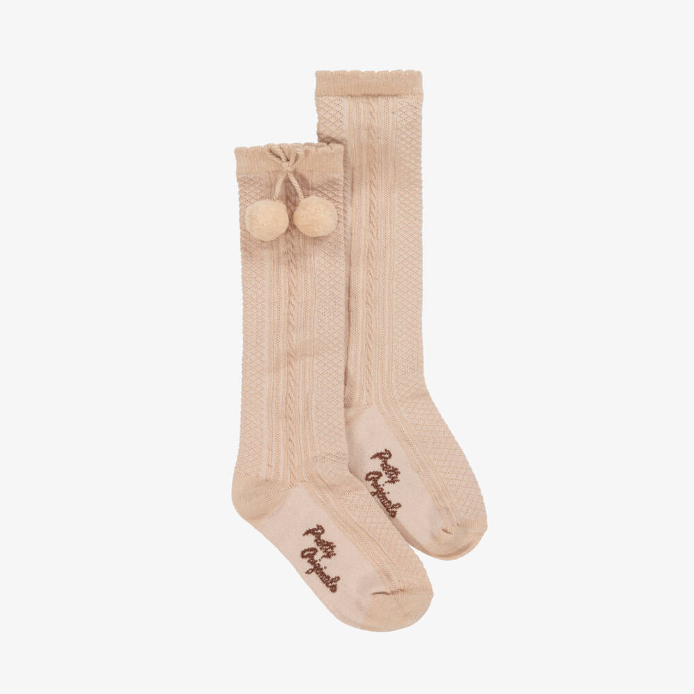 Pretty Originals-Girls Beige Pom-Pom Cotton Socks | Childrensalon Outlet