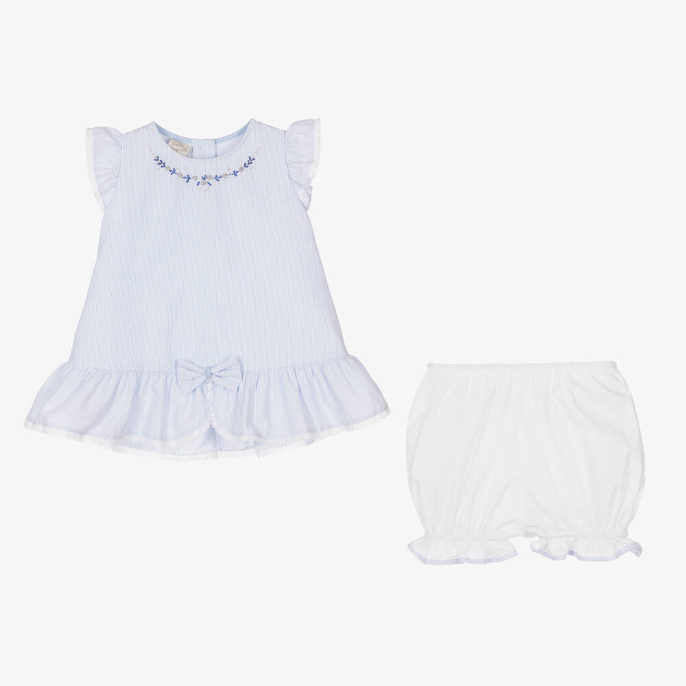 Pretty Originals-Girls Blue Cotton Pinstripe Dress Set | Childrensalon Outlet