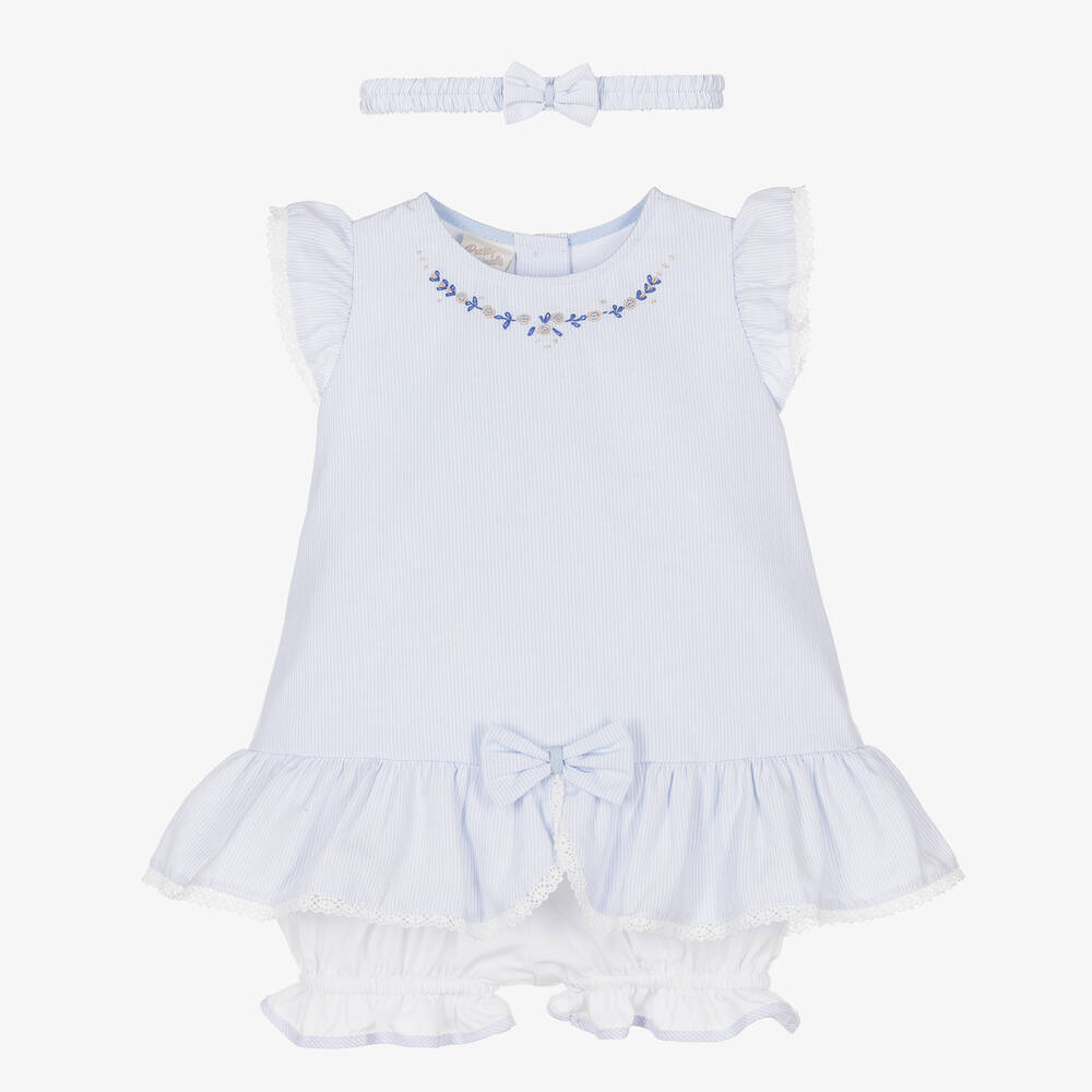 Pretty Originals - طقم فستان مزيج قطن لون أزرق وأبيض | Childrensalon