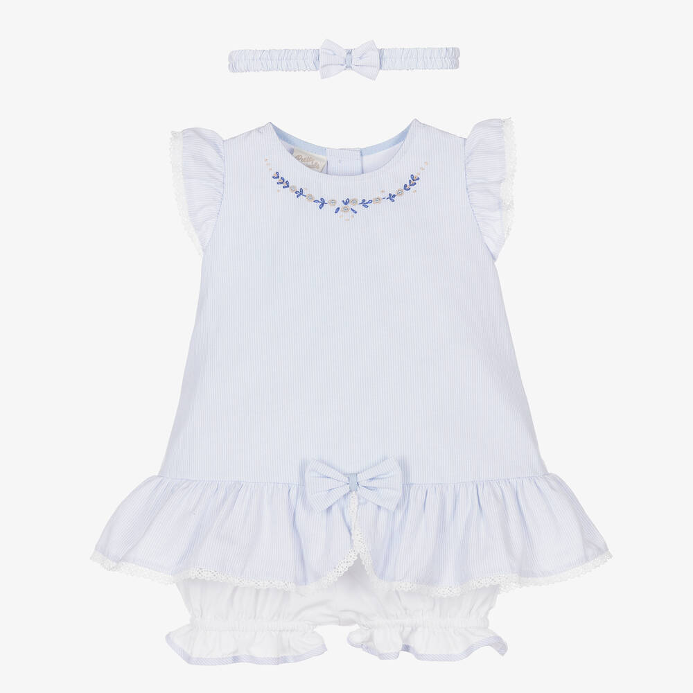 Pretty Originals-Girls Blue Cotton Pinstripe Dress Set | Childrensalon Outlet