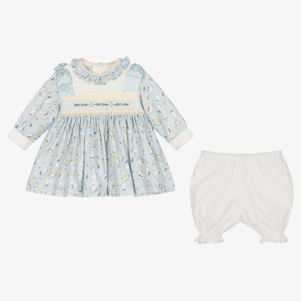 Pretty Originals-طقم فستان مطرز سموكينغ قطن لون أزرق | Childrensalon Outlet