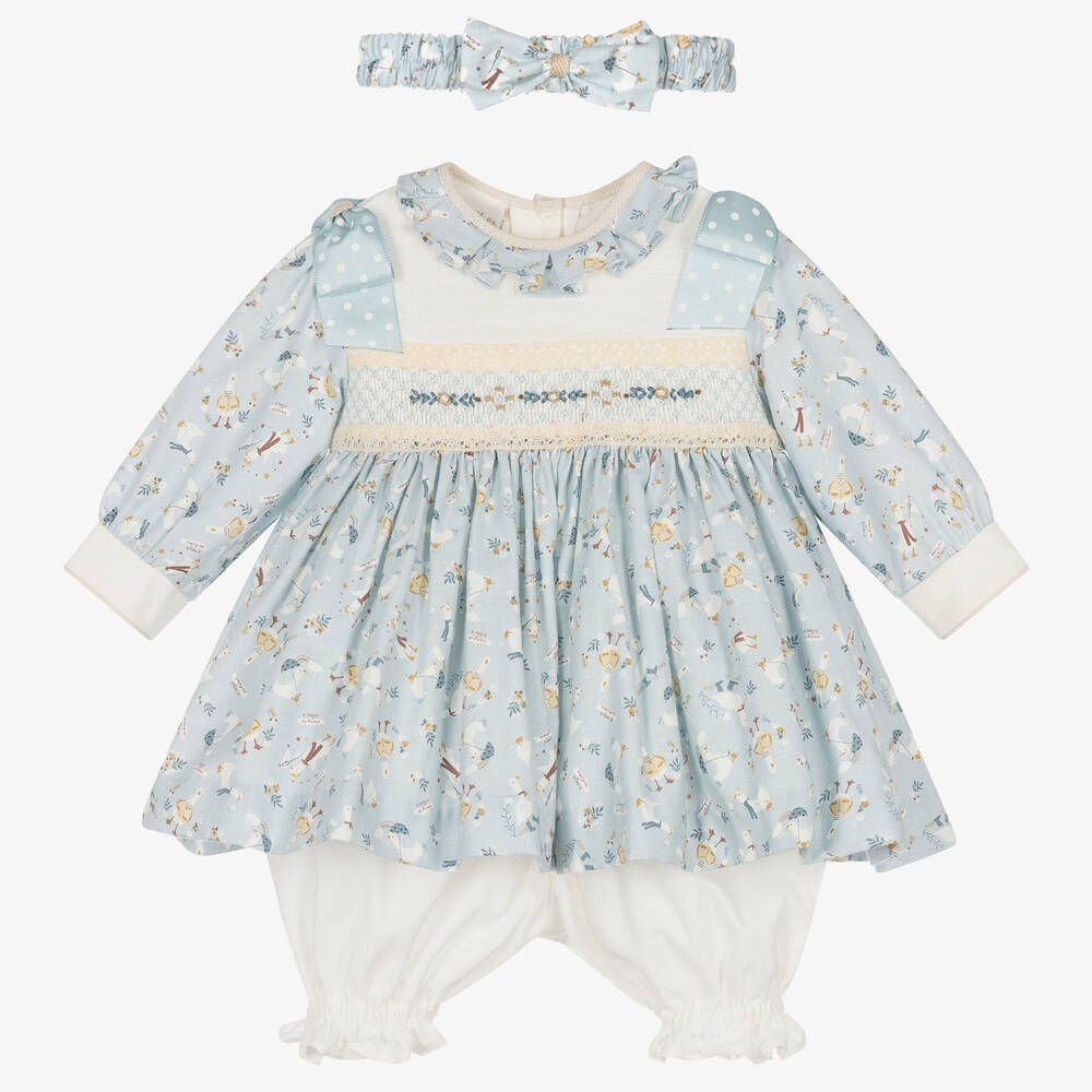Pretty Originals-Girls Blue Cotton Smocked Dress Set | Childrensalon Outlet