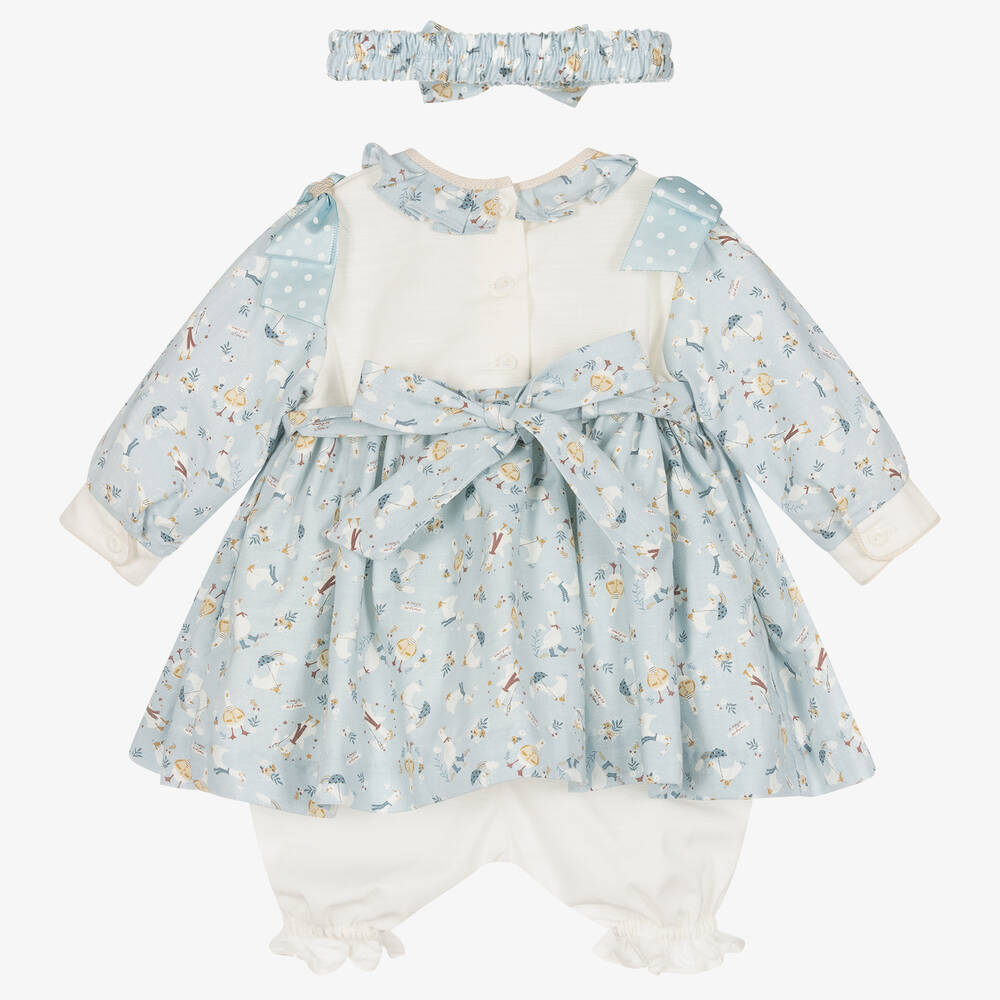 Pretty Originals-طقم فستان مطرز سموكينغ قطن لون أزرق | Childrensalon Outlet