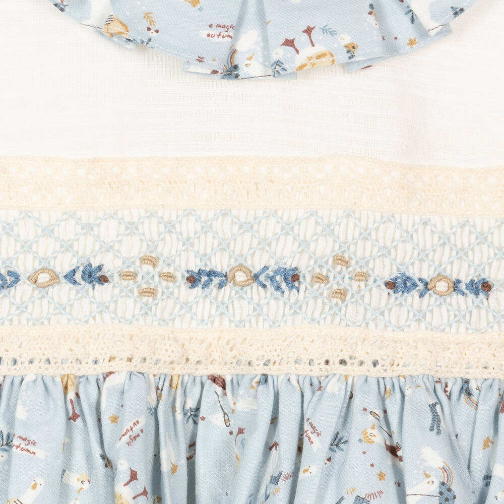 Pretty Originals-طقم فستان مطرز سموكينغ قطن لون أزرق | Childrensalon Outlet