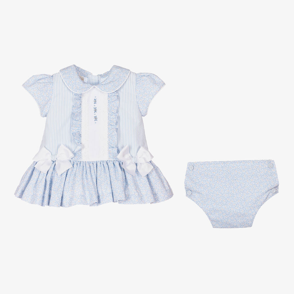 Pretty Originals-طقم فستان قطن بوبلين لون أزرق وأبيض بطبعة ورود | Childrensalon Outlet
