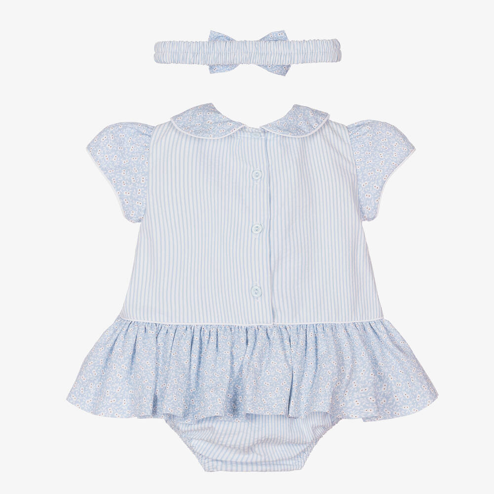 Pretty Originals-طقم فستان قطن بوبلين لون أزرق وأبيض بطبعة ورود | Childrensalon Outlet