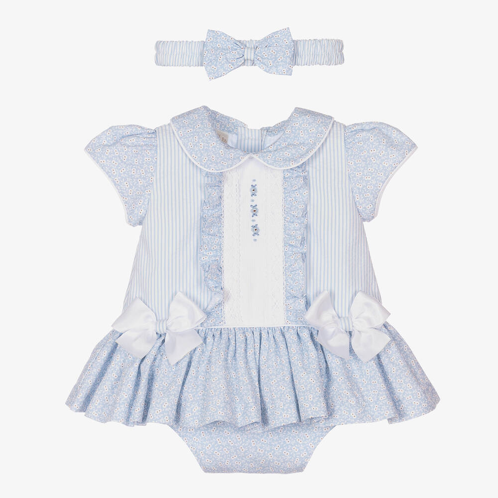 Pretty Originals - طقم فستان قطن بوبلين لون أزرق وأبيض بطبعة ورود | Childrensalon
