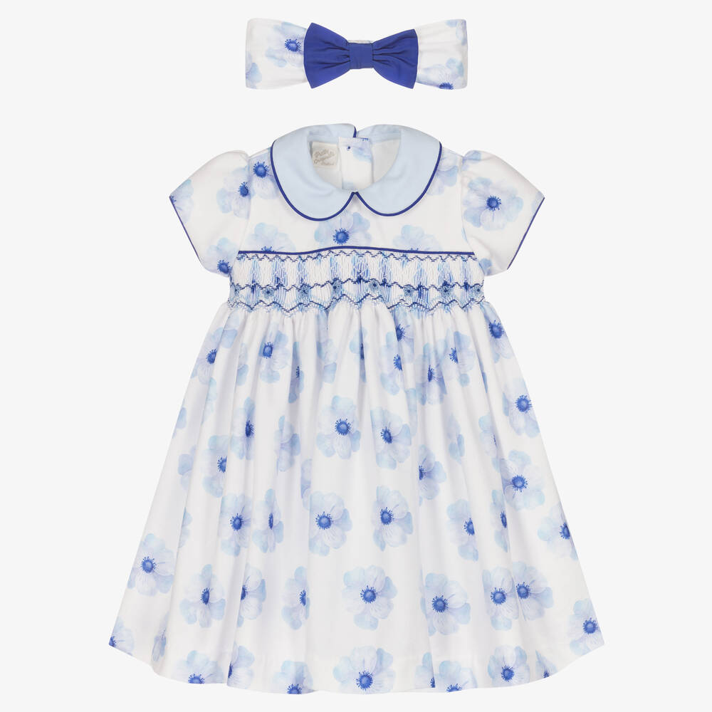 Girls Blue Floral Smocked Dress Set
