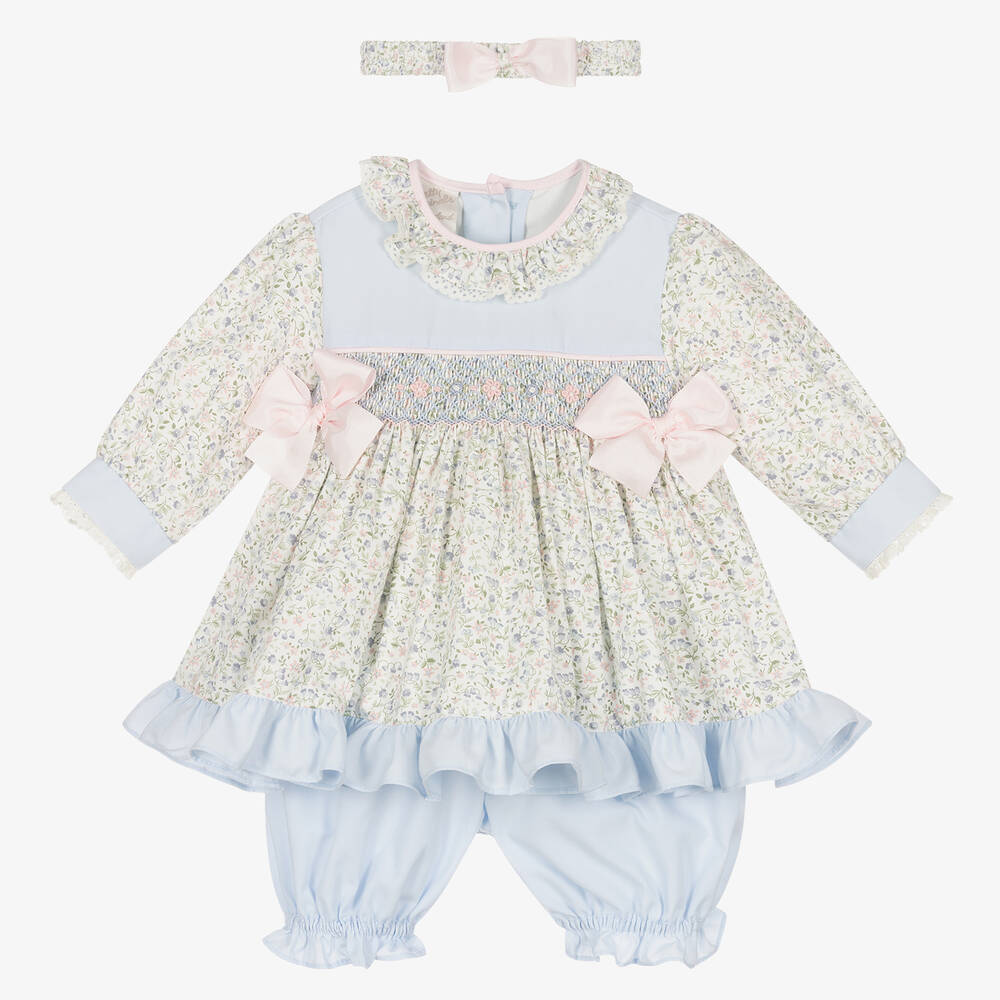 Pretty Originals - طقم فستان مطرز سموكينغ لون أزرق بطبعة ورود | Childrensalon